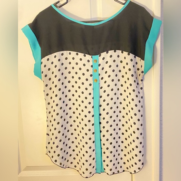 Rue 21, black and white polka dot w/ teal trim, size M. - Picture 2 of 4
